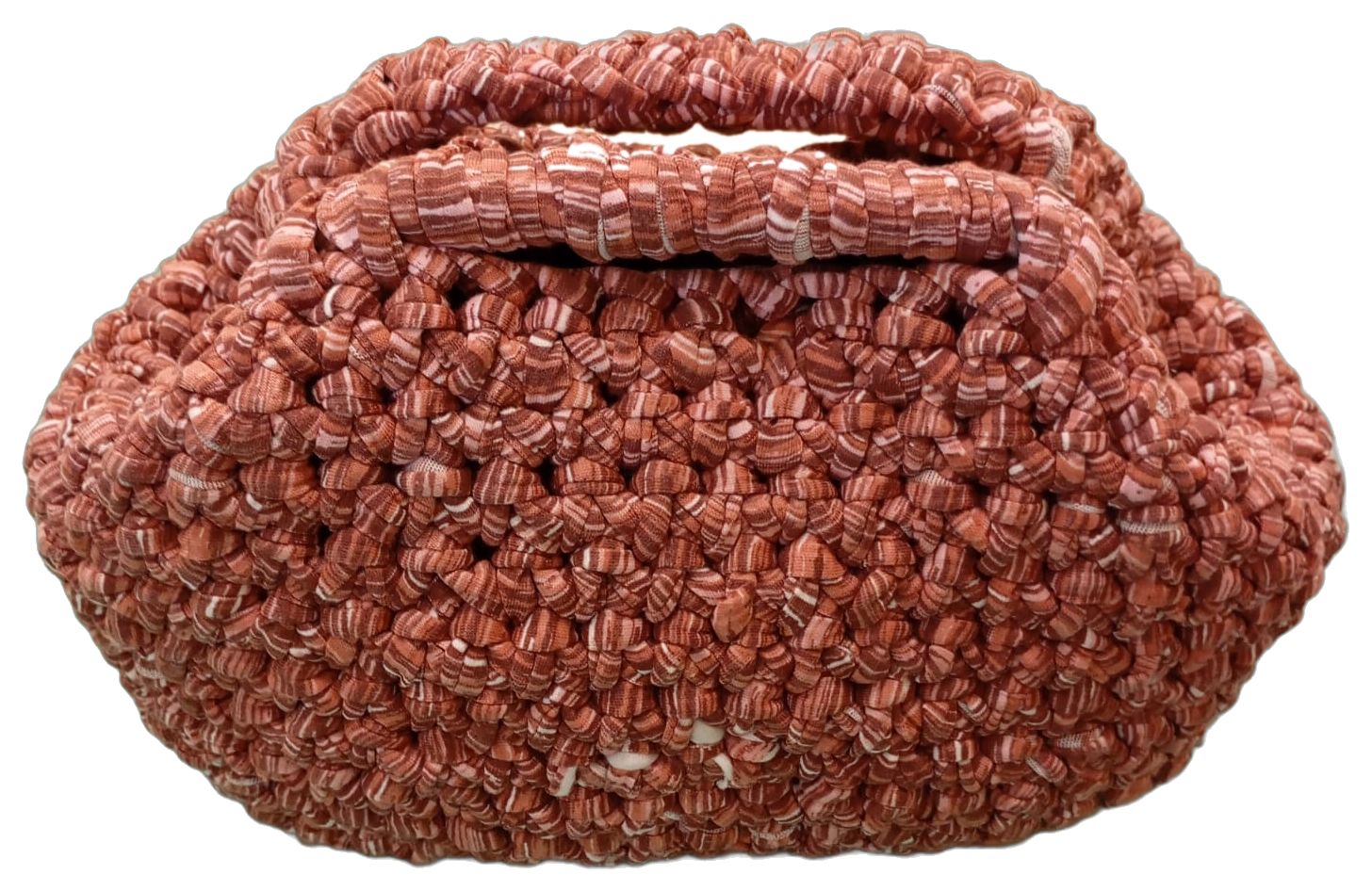 Borsa a mano all’uncinetto nei toni terracotta, con doppio manico rivestito